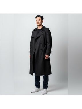Tip Top Tailors classic black lined business attire belted trench coat size 44